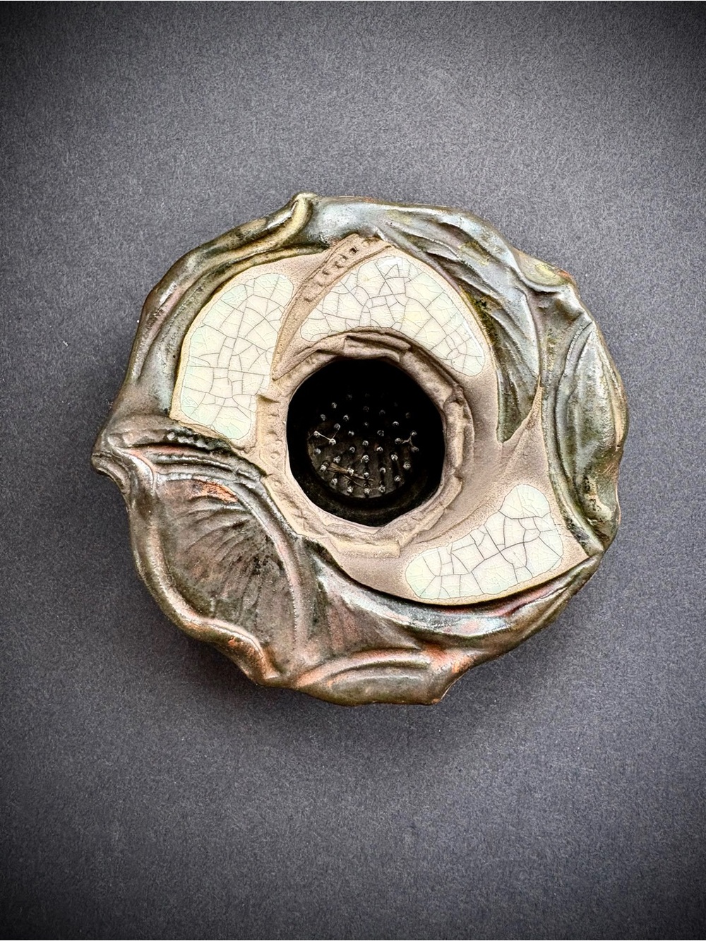 Prolon Raku Fired Artisan Ceramic Flower Frog - Iridescent Grey and Cream
